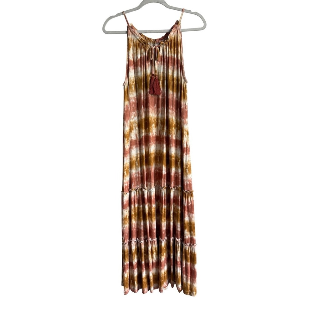 Cato Boho Tie Dye Tiered Maxi Dress Women's XL Halter Tassel Rust Mustard Summer